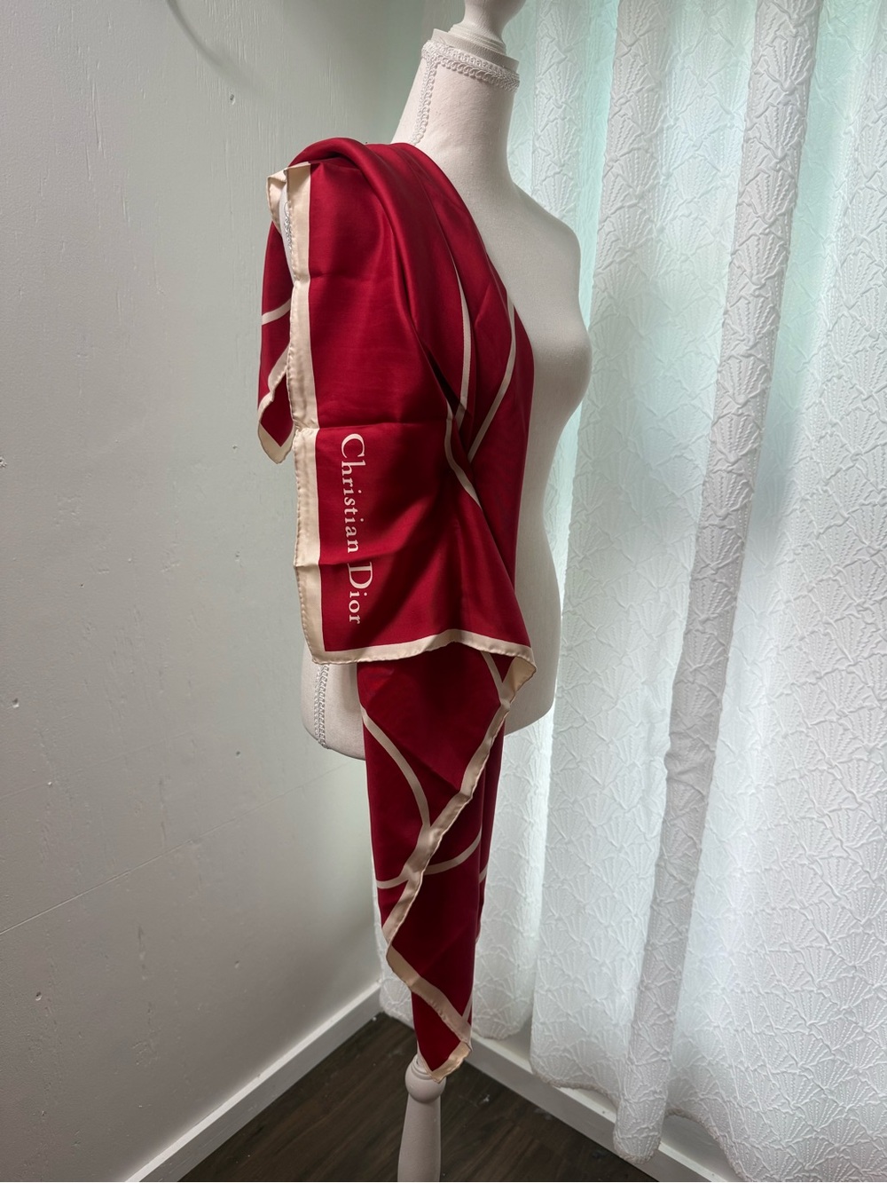 Dior Red and Cream Silk Scarf Wrap